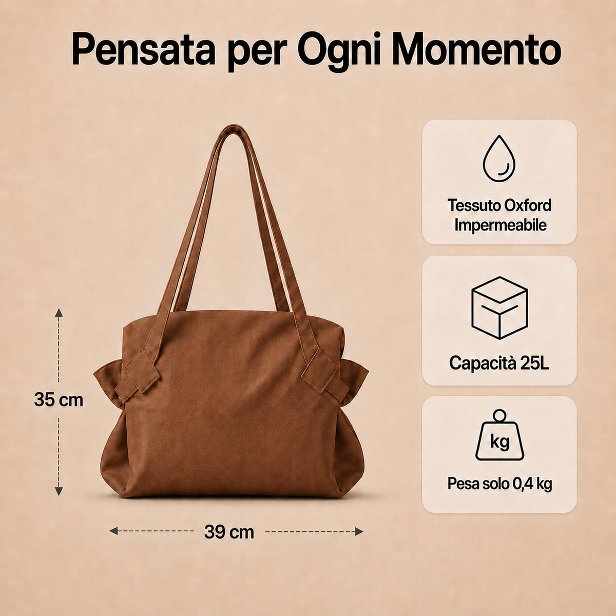 Caratteristiche tecniche Mielora Tote – disco organizer 100 cm, 4 tasche aperte, tasca con zip, Oxford 600D, cotone 