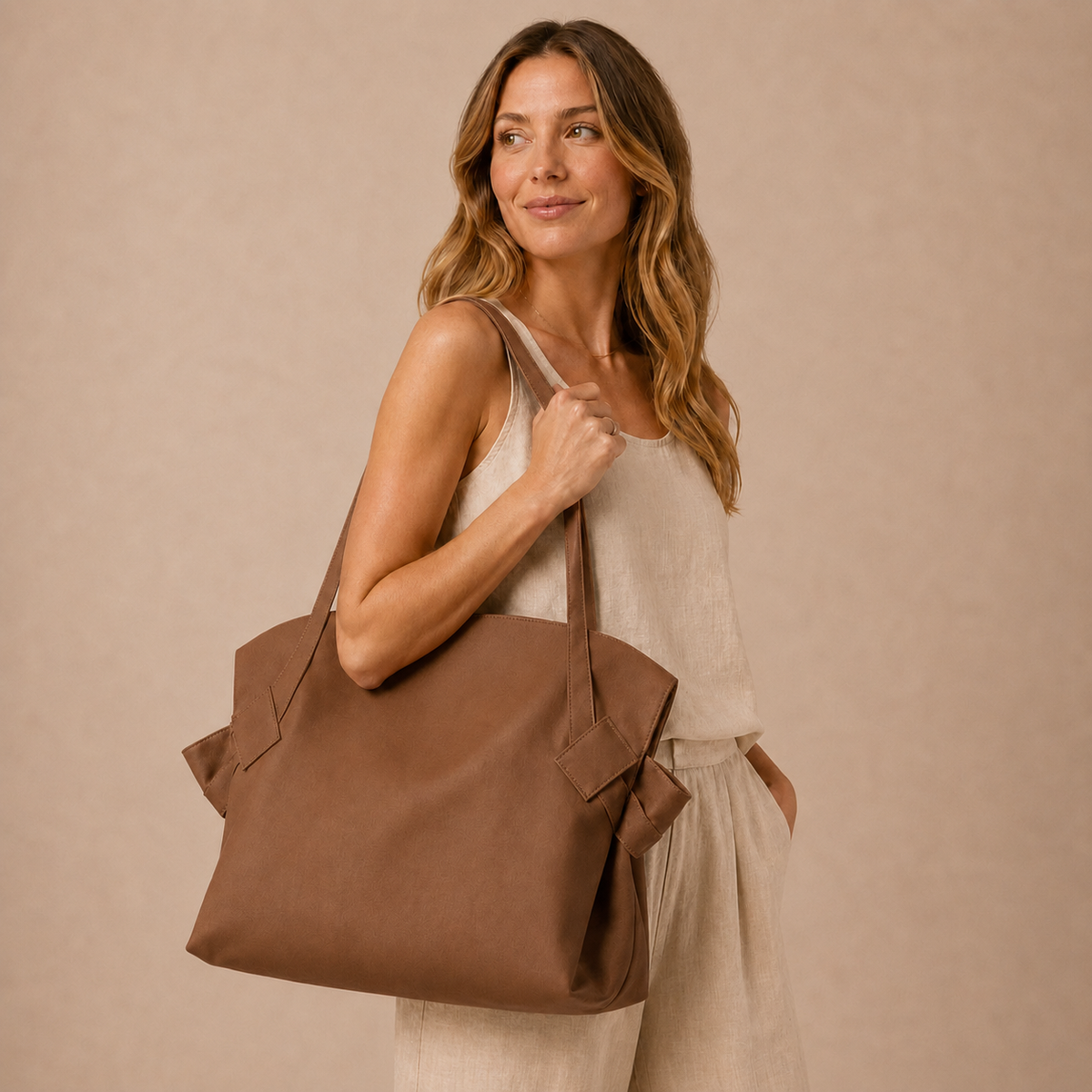 Modella con Mielora Tote Cioccolato – borsa lifestyle indossata