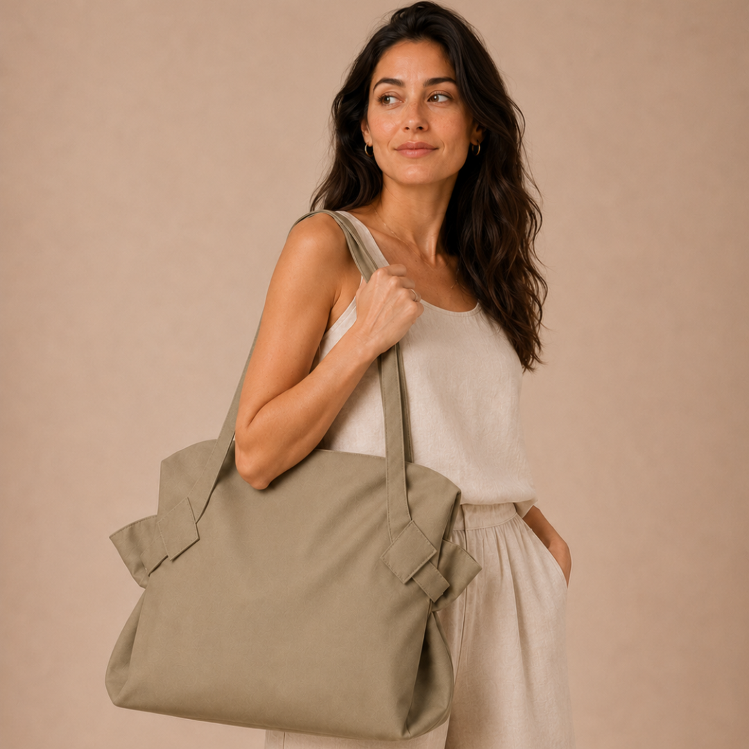 Modella con Mielora Tote Kaki – borsa lifestyle indossata