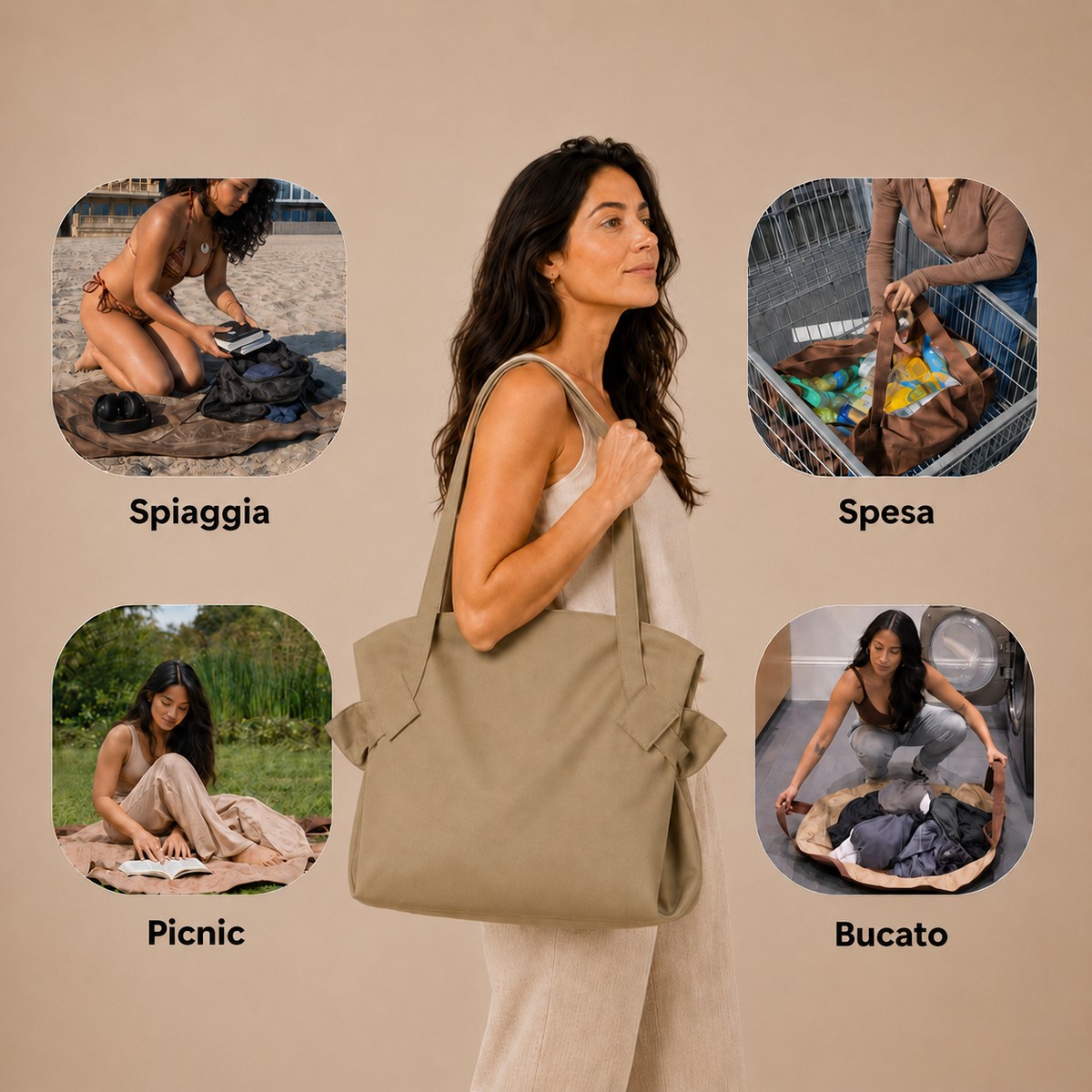 Modella con Mielora Tote kaki – borsa per ogni momento