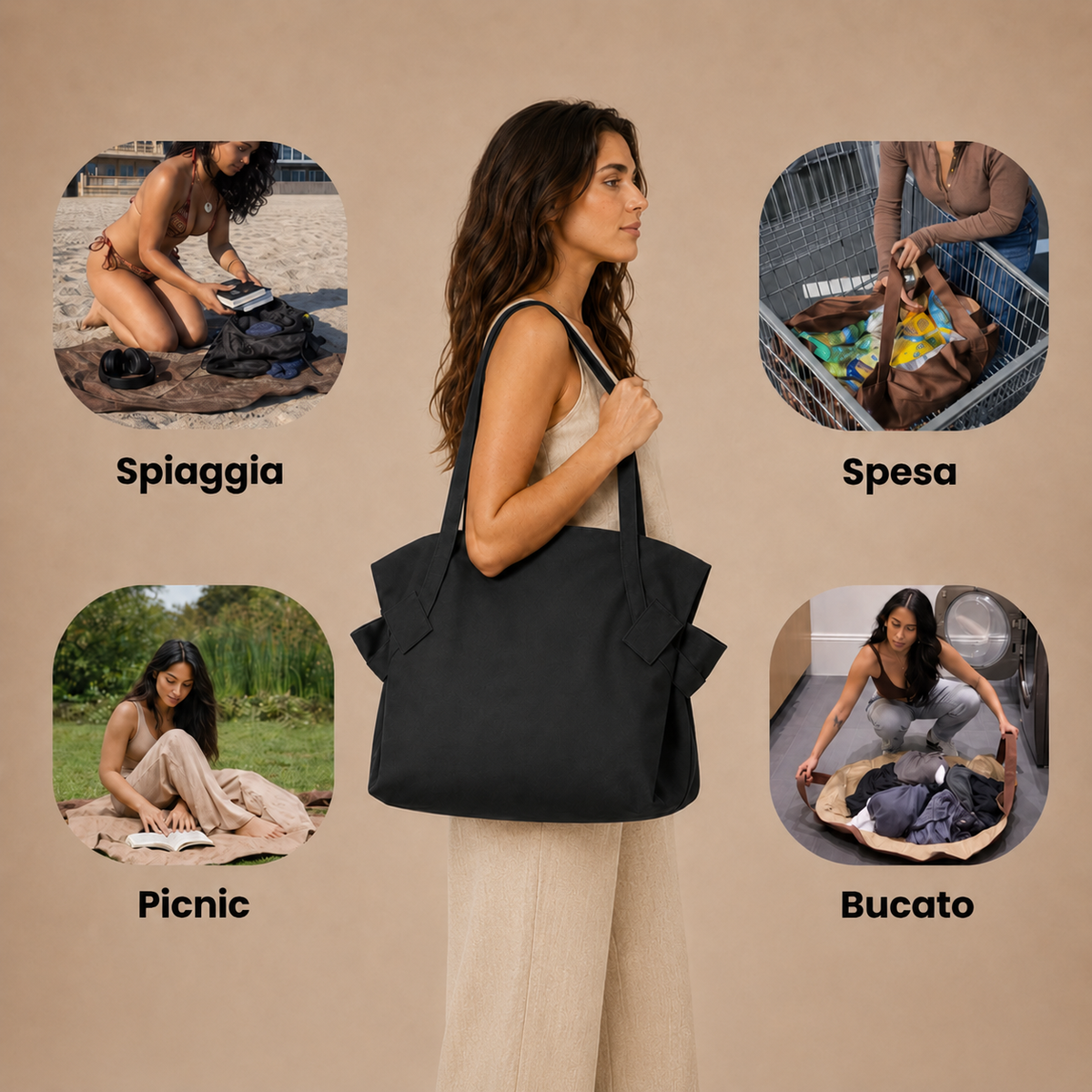 Modella con Mielora Tote mezzanotte – borsa per ogni momento